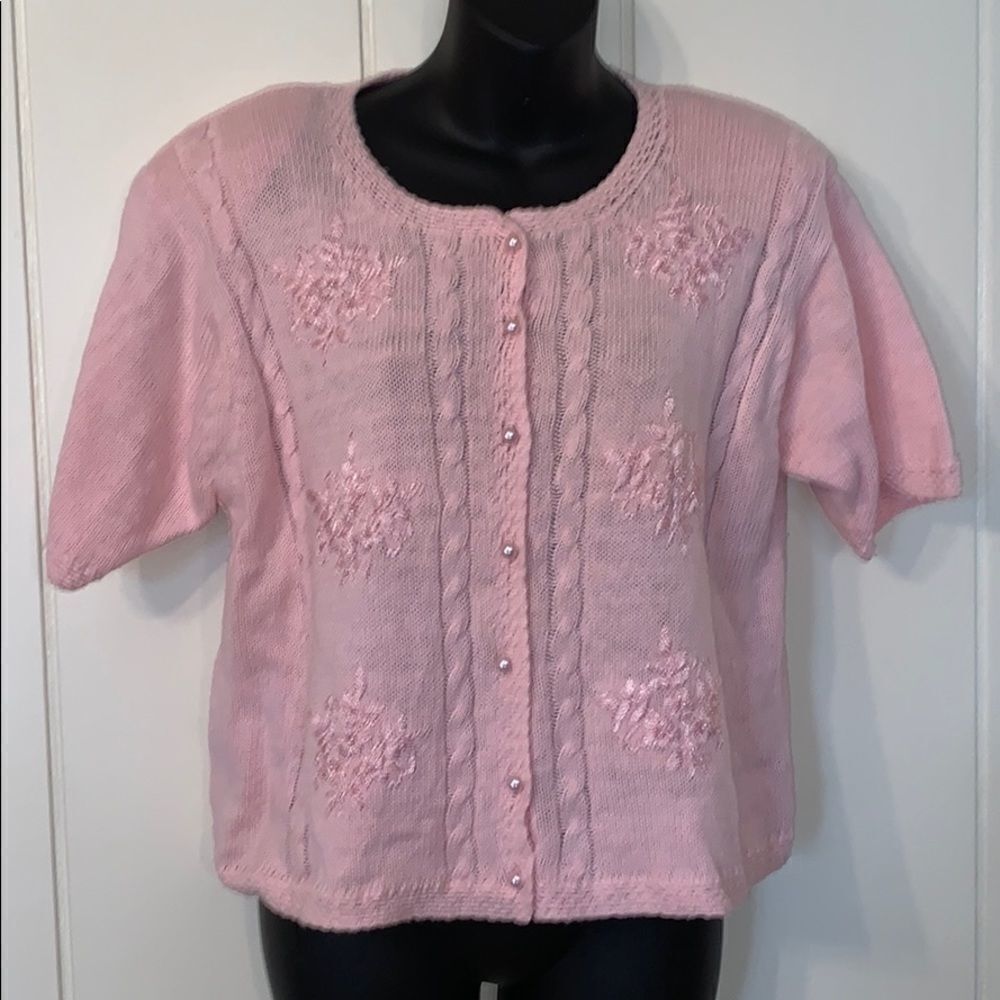Vtg 80s/90s Dana Scott pink embroidered short sleeve cardigan‎
